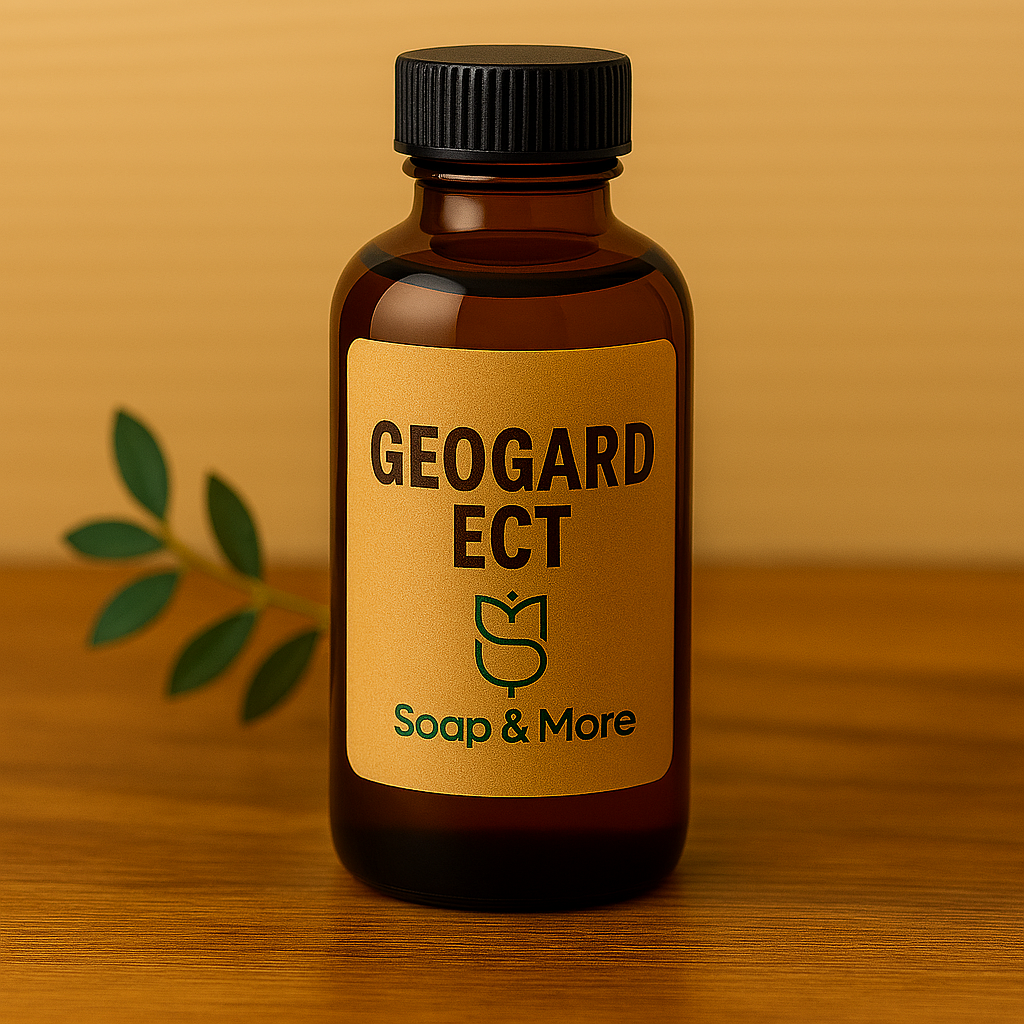 Bottle of 'Geogard ECT' by Soap & More on a wooden surface with a yellow background