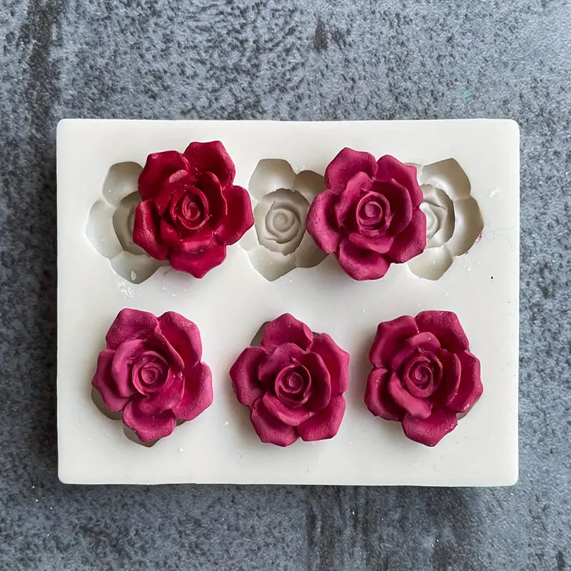 6-Cavity Silicone Rose Flower Fondant Mold Embed