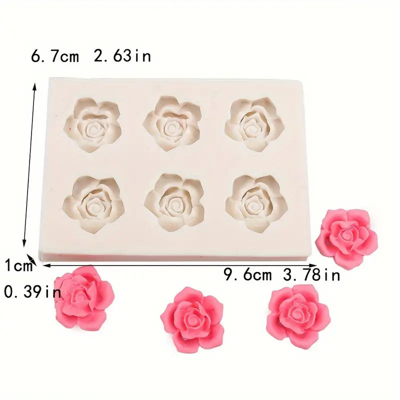 6-Cavity Silicone Rose Flower Fondant Mold Embed